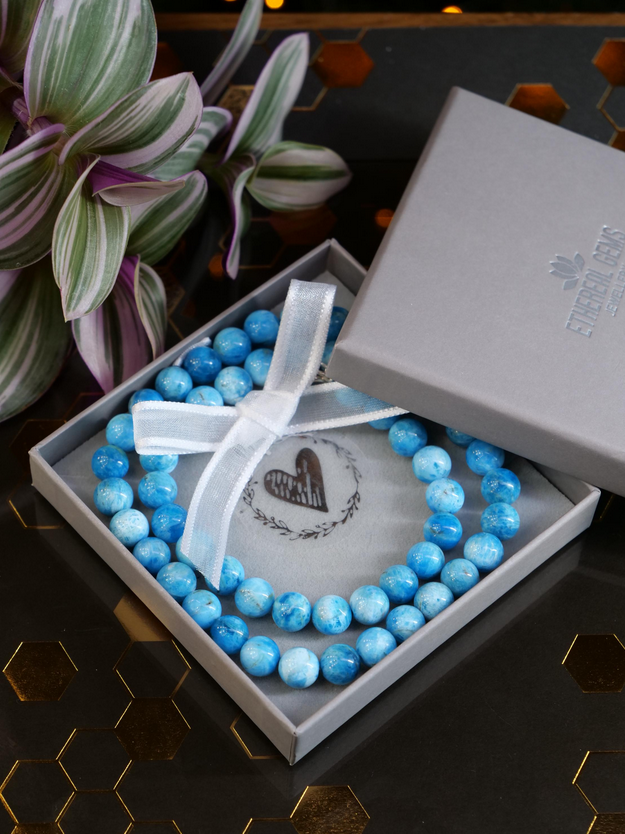 Blue Apatite 8mm Beaded Natural Gemstone Sterling Silver Necklace, Genuine Top Grade Gift Jewelry, Women Men Fashion Crystal Jewellery