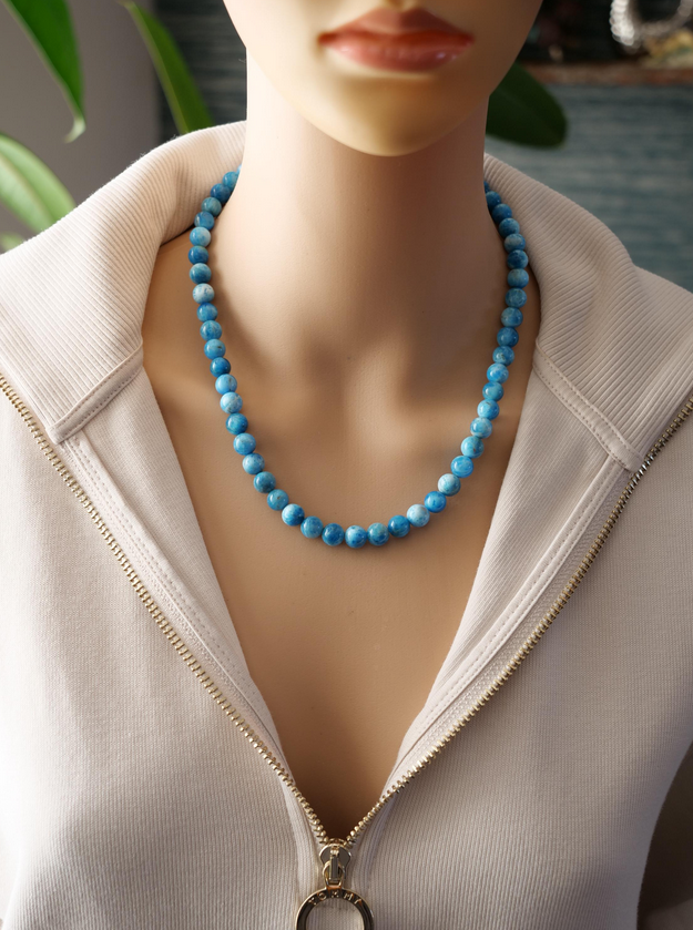 Blue Apatite 8mm Beaded Natural Gemstone Sterling Silver Necklace, Genuine Top Grade Gift Jewelry, Women Men Fashion Crystal Jewellery