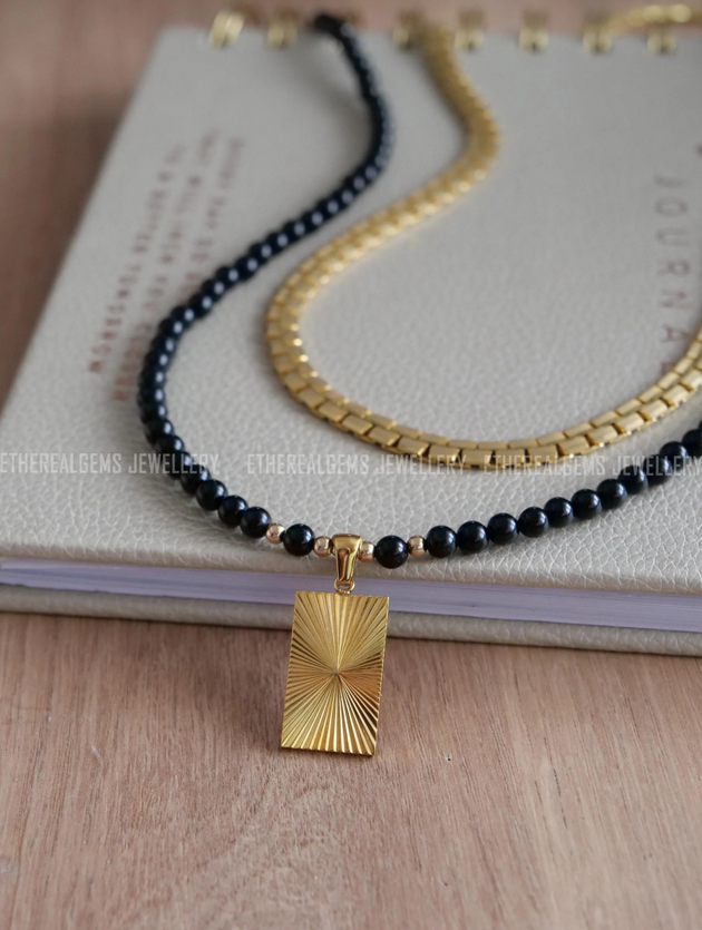 Black Tourmaline 4mm Beaded Natural Gemstone Gold Pendant Necklace, Genuine Top Grade Gift Jewelry, Women Fashion Crystal Energy Jewellery