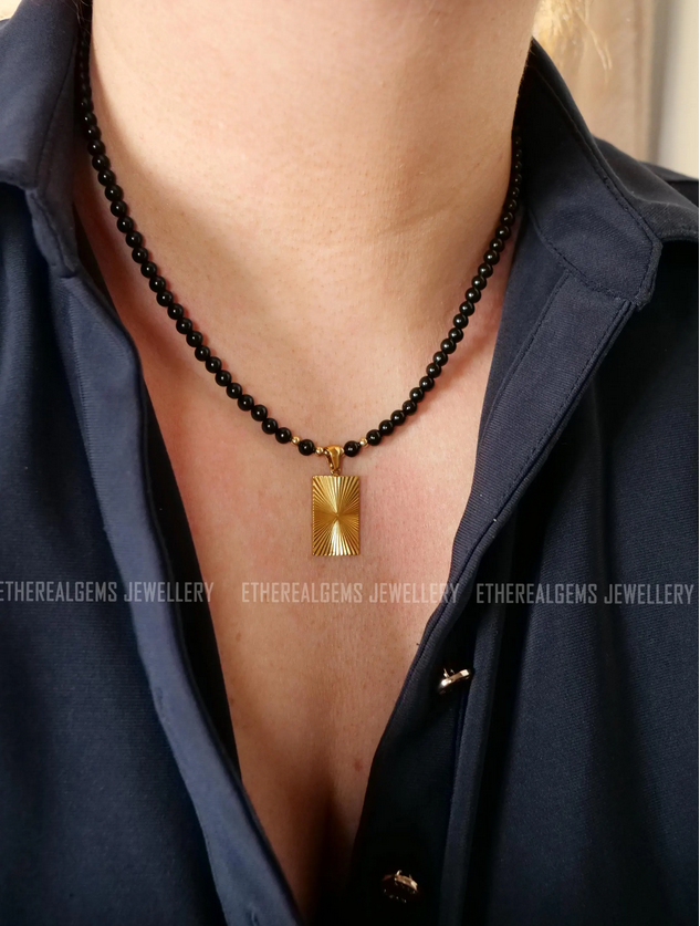 Black Tourmaline 4mm Beaded Natural Gemstone Gold Pendant Necklace, Genuine Top Grade Gift Jewelry, Women Fashion Crystal Energy Jewellery