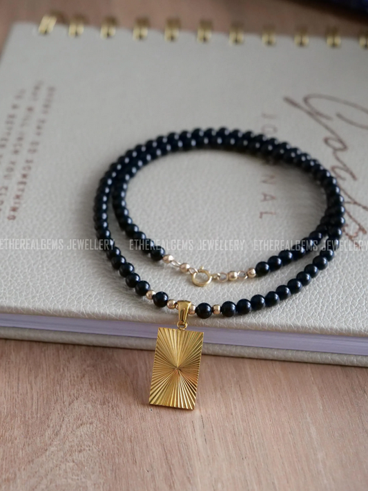 Black Tourmaline 4mm Beaded Natural Gemstone Gold Pendant Necklace, Genuine Top Grade Gift Jewelry, Women Fashion Crystal Energy Jewellery