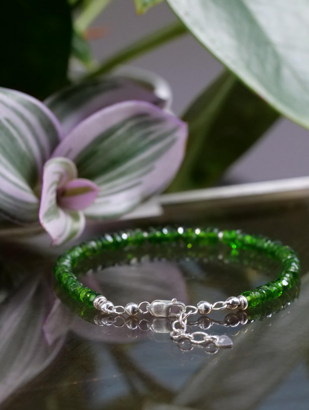 Chrome Diopside 3 - 4 mm Beaded Natural Gemstone Sterling Silver/14ct Gold Filled Bracelet, Genuine Top Grade Gift Jewelry, Women Fashion Jewellery