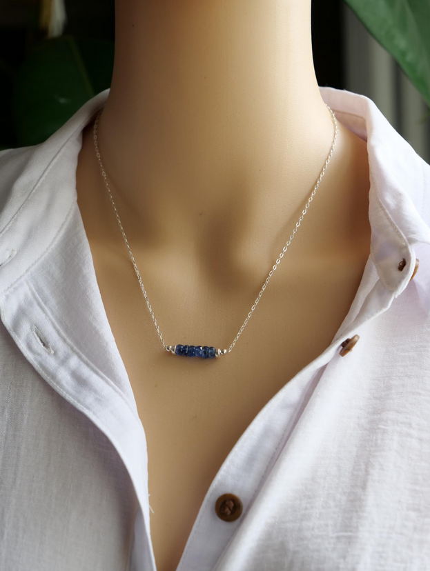 Kyanite 5mm Natural Gemstone Sterling Silver Bar Pendant Necklace, Genuine Top Grade Gift Jewelry, Women Fashion Crystal Energy Jewellery