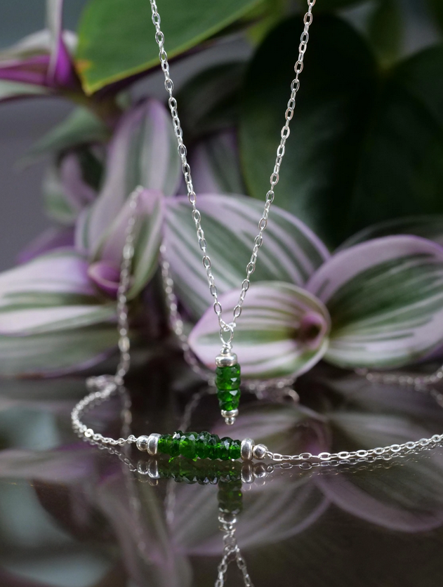 Chrome Diopside 5mm Natural Gemstone Sterling Silver Bar Pendant Necklace, Genuine Top Grade Gift Jewelry, Women Fashion Crystal Energy