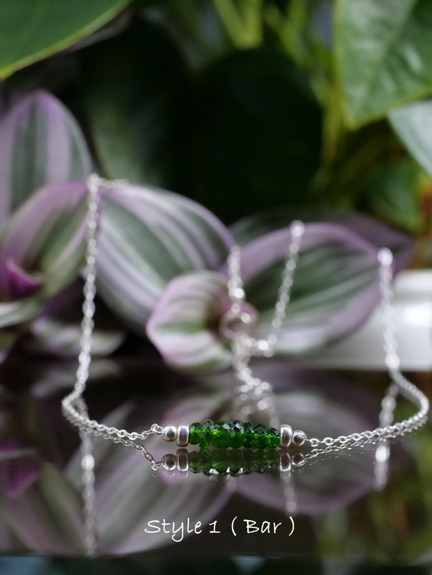 Chrome Diopside 5mm Natural Gemstone Sterling Silver Bar Pendant Necklace, Genuine Top Grade Gift Jewelry, Women Fashion Crystal Energy