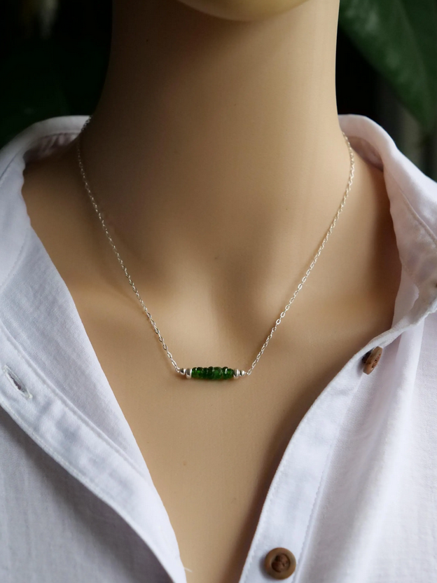 Chrome Diopside 5mm Natural Gemstone Sterling Silver Bar Pendant Necklace, Genuine Top Grade Gift Jewelry, Women Fashion Crystal Energy