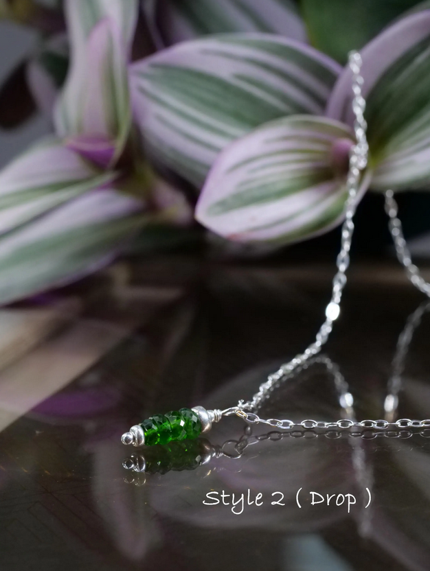 Chrome Diopside 5mm Natural Gemstone Sterling Silver Bar Pendant Necklace, Genuine Top Grade Gift Jewelry, Women Fashion Crystal Energy