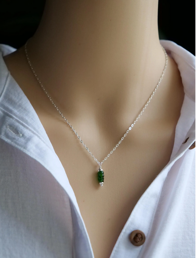 Chrome Diopside 5mm Natural Gemstone Sterling Silver Bar Pendant Necklace, Genuine Top Grade Gift Jewelry, Women Fashion Crystal Energy