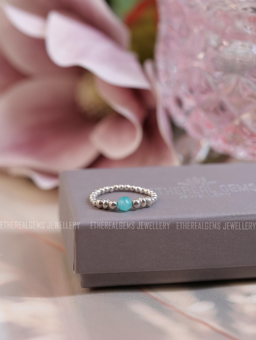 Amazonite Beaded Natural Gemstone Sterling Silver/14ct Gold Filled Elastic Ring, Genuine Top Grade Gift Jewelry, Women Fashion Jewellery