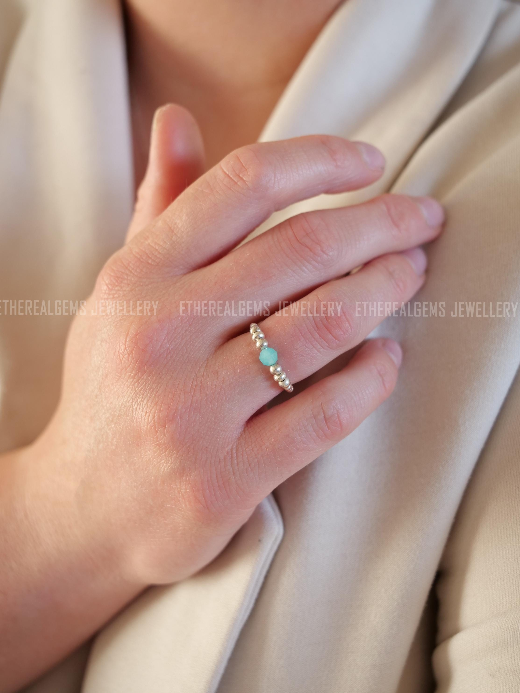 Amazonite Beaded Natural Gemstone Sterling Silver/14ct Gold Filled Elastic Ring, Genuine Top Grade Gift Jewelry, Women Fashion Jewellery
