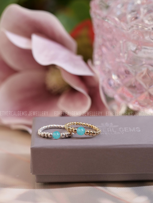 Amazonite Beaded Natural Gemstone Sterling Silver/14ct Gold Filled Elastic Ring, Genuine Top Grade Gift Jewelry, Women Fashion Jewellery