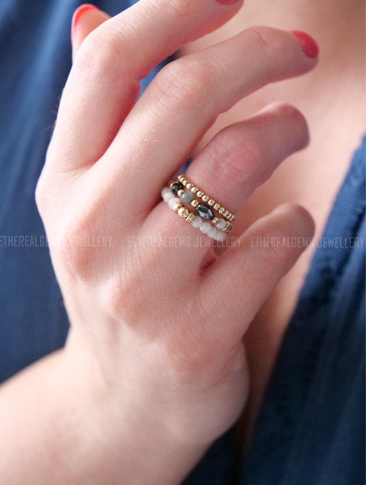 Black Tourmaline Moonstone 3mm Beaded Natural Gemstone Sterling Silver/14ct Gold Filled Elastic Ring, Genuine Top Grade Gift Women Jewellery