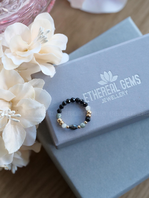 Black Tourmaline Moonstone 3mm Beaded Natural Gemstone Sterling Silver/14ct Gold Filled Elastic Ring, Genuine Top Grade Gift Women Jewellery