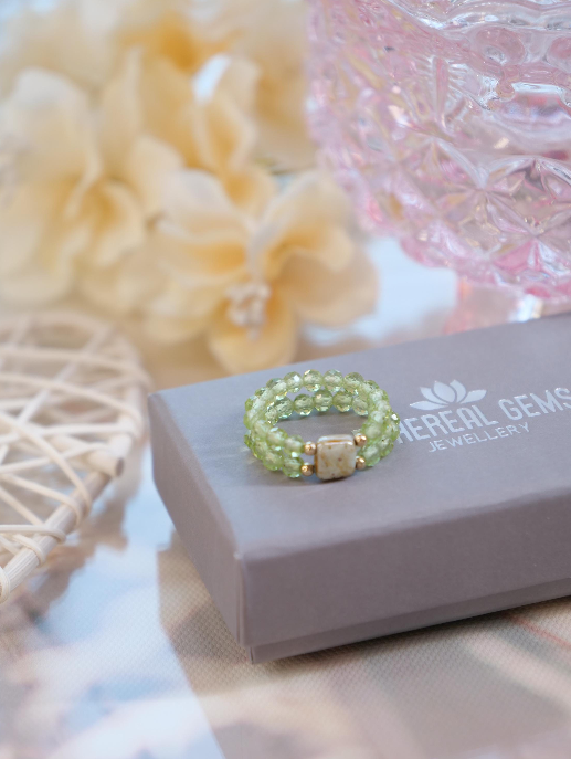 Peridot 3mm Double Beaded Natural Gemstone Sterling Silver/14ct Gold Filled Elastic Ring, Genuine Top Grade Gift Jewelry, Women Jewellery
