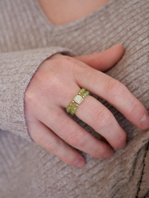 Peridot 3mm Double Beaded Natural Gemstone Sterling Silver/14ct Gold Filled Elastic Ring, Genuine Top Grade Gift Jewelry, Women Jewellery