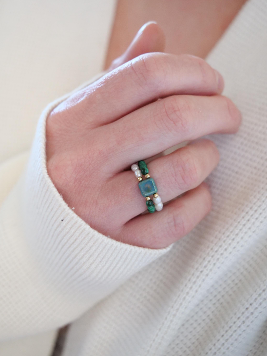 Malachite Freshwater Pearl 3mm Beaded Natural Gemstone Sterling Silver/14ct Gold Filled Elastic Ring, Genuine Top Grade Gift Jewelry, Women Jewellery