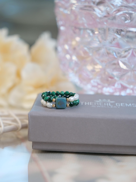 Malachite Freshwater Pearl 3mm Beaded Natural Gemstone Sterling Silver/14ct Gold Filled Elastic Ring, Genuine Top Grade Gift Jewelry, Women Jewellery