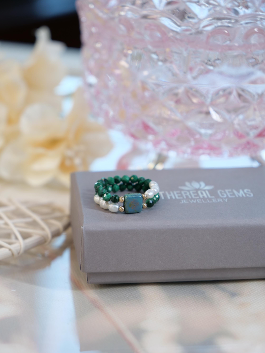 Malachite Freshwater Pearl 3mm Beaded Natural Gemstone Sterling Silver/14ct Gold Filled Elastic Ring, Genuine Top Grade Gift Jewelry, Women Jewellery