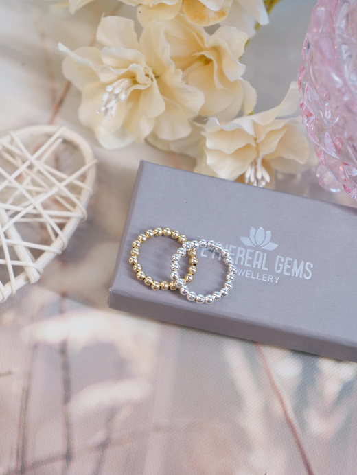 3mm Beaded Sterling Silver/14ct Gold Filled Elastic Ring, Genuine Top Grade Gift Jewelry, Women Jewellery