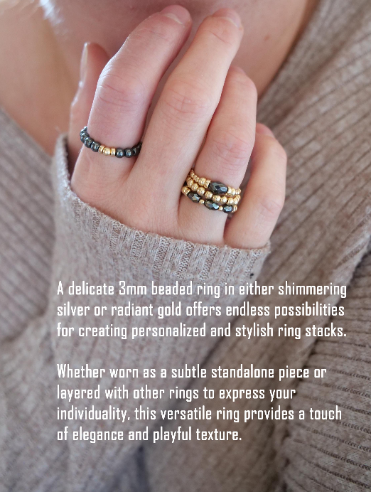 3mm Beaded Sterling Silver/14ct Gold Filled Elastic Ring, Genuine Top Grade Gift Jewelry, Women Jewellery