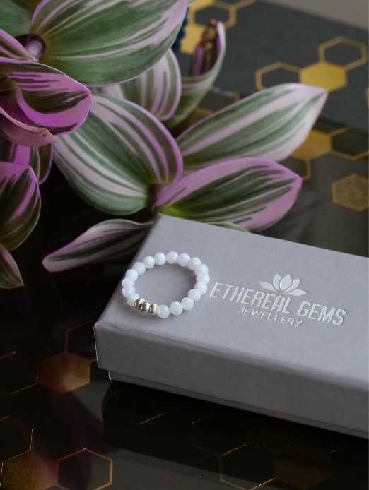 Blue Lace Agate 3mm Beaded Natural Gemstone Sterling Silver/14ct Gold Filled Elastic Ring, Genuine Top Grade Gift Jewelry, Women Jewellery