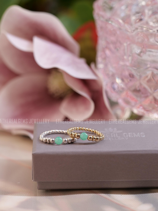 Chrysoprase Beaded Natural Gemstone Sterling Silver/14ct Gold Filled Elastic Ring, Genuine Top Grade Gift Jewelry, Women Fashion Jewellery