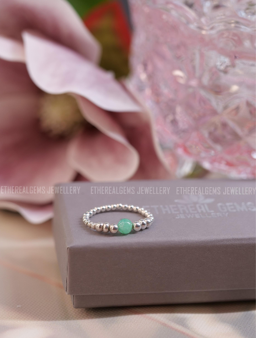 Chrysoprase Beaded Natural Gemstone Sterling Silver/14ct Gold Filled Elastic Ring, Genuine Top Grade Gift Jewelry, Women Fashion Jewellery