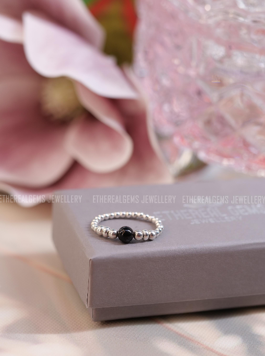 Jet Beaded Natural Gemstone Sterling Silver/14ct Gold Filled Elastic Ring, Genuine Top Grade Gift Jewelry, Women Fashion Jewellery