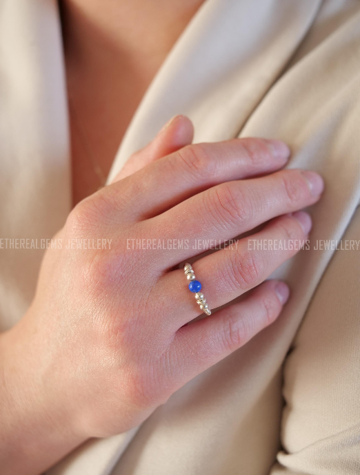Lapis Lazuli Beaded Natural Gemstone Sterling Silver/14ct Gold Filled Elastic Ring, Genuine Top Grade Gift Jewelry, Women Fashion Jewellery