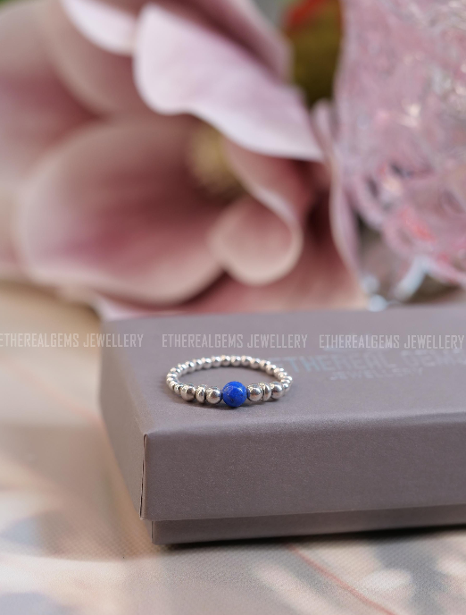Lapis Lazuli Beaded Natural Gemstone Sterling Silver/14ct Gold Filled Elastic Ring, Genuine Top Grade Gift Jewelry, Women Fashion Jewellery