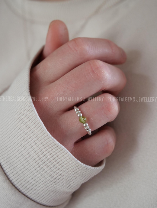 Peridot Beaded Natural Gemstone Sterling Silver/14ct Gold Filled Elastic Ring, Genuine Top Grade Gift Jewelry, Women Fashion Jewellery
