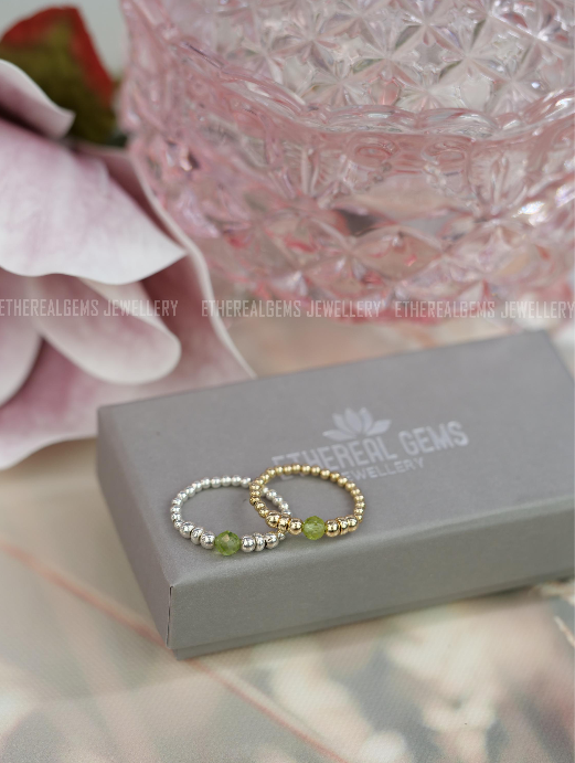 Peridot Beaded Natural Gemstone Sterling Silver/14ct Gold Filled Elastic Ring, Genuine Top Grade Gift Jewelry, Women Fashion Jewellery