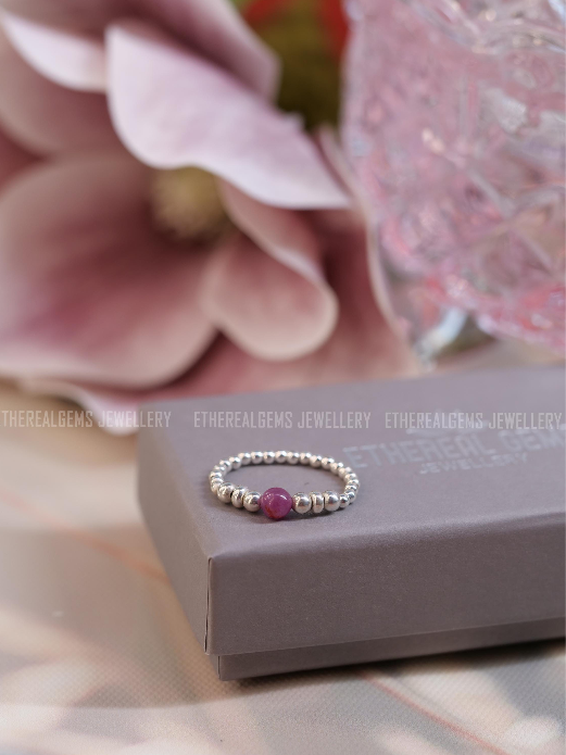 Ruby Beaded Natural Gemstone Sterling Silver/14ct Gold Filled Elastic Ring, Genuine Top Grade Gift Jewelry, Women Fashion Jewellery