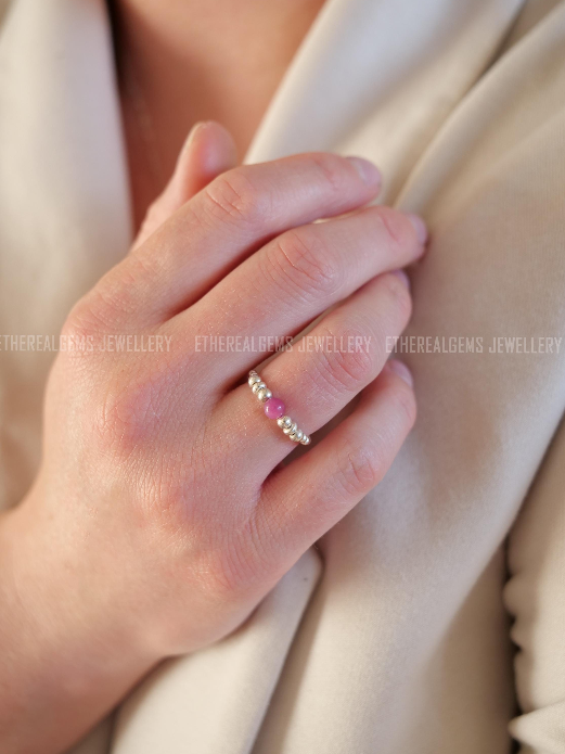 Ruby Beaded Natural Gemstone Sterling Silver/14ct Gold Filled Elastic Ring, Genuine Top Grade Gift Jewelry, Women Fashion Jewellery