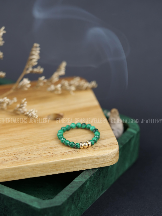 Malachite 3mm Beaded Natural Gemstone Sterling Silver / 14ct Gold Filled Elastic Ring, Genuine Top Grade Gift Jewelry, Women Jewellery