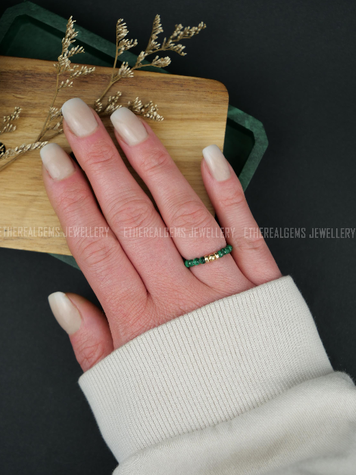 Malachite 3mm Beaded Natural Gemstone Sterling Silver / 14ct Gold Filled Elastic Ring, Genuine Top Grade Gift Jewelry, Women Jewellery