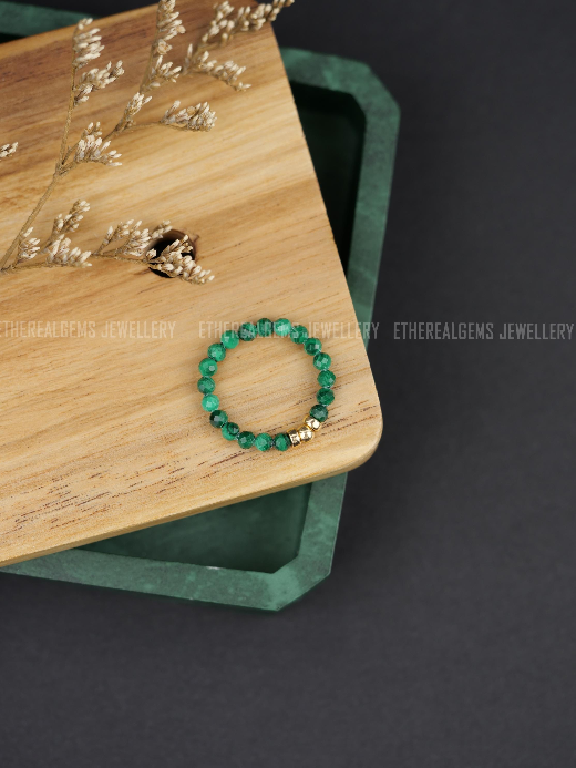 Malachite 3mm Beaded Natural Gemstone Sterling Silver / 14ct Gold Filled Elastic Ring, Genuine Top Grade Gift Jewelry, Women Jewellery