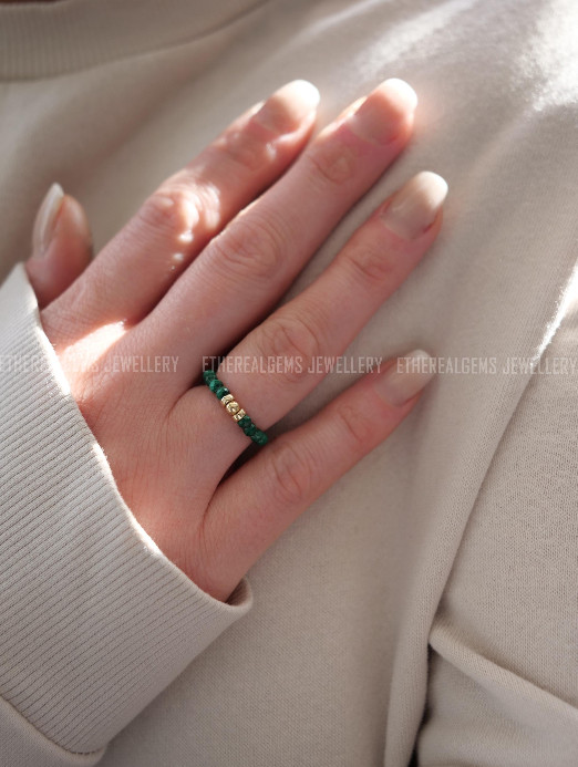 Malachite 3mm Beaded Natural Gemstone Sterling Silver / 14ct Gold Filled Elastic Ring, Genuine Top Grade Gift Jewelry, Women Jewellery