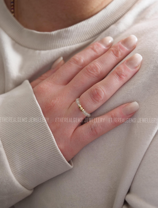 Prehnite 3mm Beaded Natural Gemstone Sterling Silver / 14ct Gold Filled Elastic Ring, Genuine Top Grade Gift Jewelry, Women Jewellery