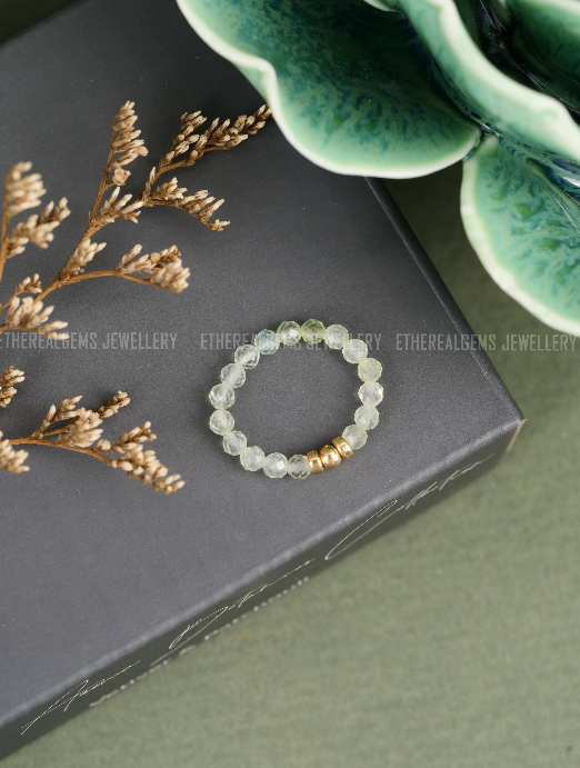 Prehnite 3mm Beaded Natural Gemstone Sterling Silver / 14ct Gold Filled Elastic Ring, Genuine Top Grade Gift Jewelry, Women Jewellery