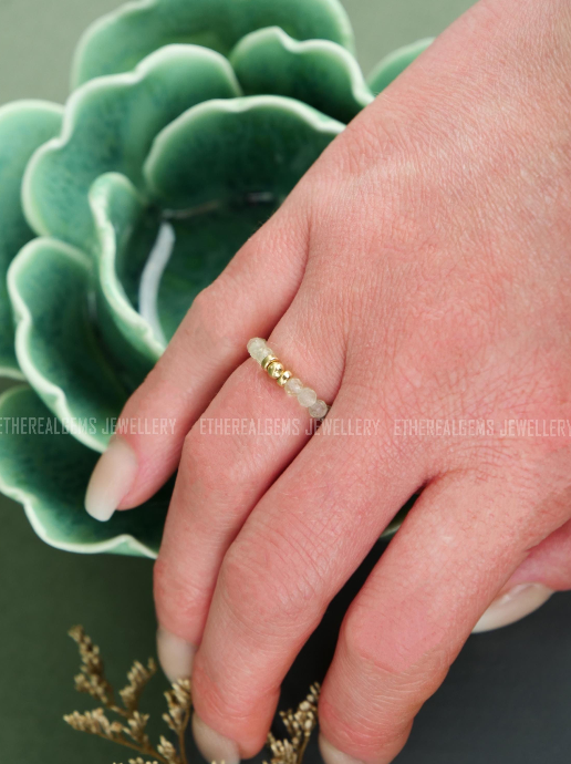 Prehnite 3mm Beaded Natural Gemstone Sterling Silver / 14ct Gold Filled Elastic Ring, Genuine Top Grade Gift Jewelry, Women Jewellery