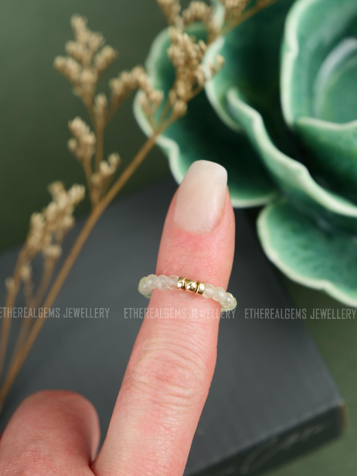 Prehnite 3mm Beaded Natural Gemstone Sterling Silver / 14ct Gold Filled Elastic Ring, Genuine Top Grade Gift Jewelry, Women Jewellery