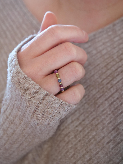 Mix 3mm Beaded Natural Gemstone Sterling Silver / 14ct Gold Filled Elastic Ring, Genuine Top Grade Gift Jewelry, Women Jewellery