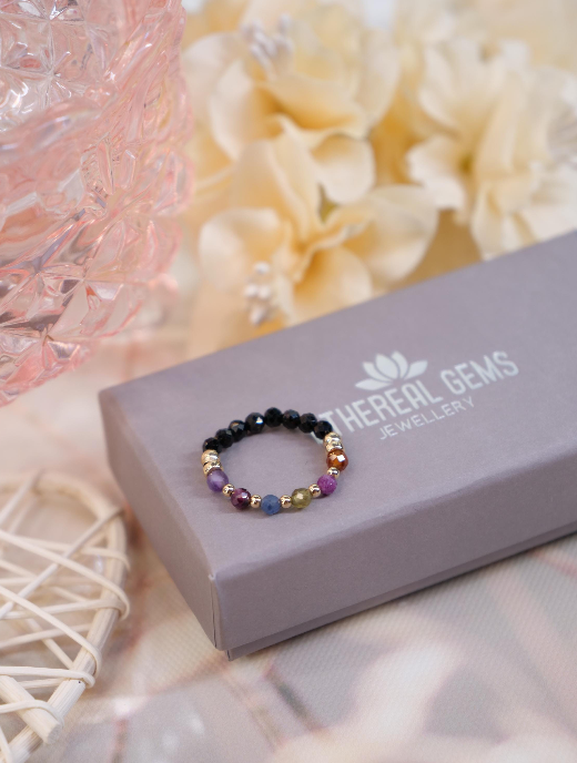 Mix 3mm Beaded Natural Gemstone Sterling Silver / 14ct Gold Filled Elastic Ring, Genuine Top Grade Gift Jewelry, Women Jewellery