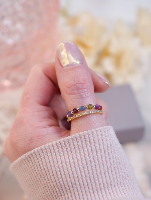 Mix 3mm Beaded Natural Gemstone Sterling Silver / 14ct Gold Filled Elastic Ring, Genuine Top Grade Gift Jewelry, Women Jewellery