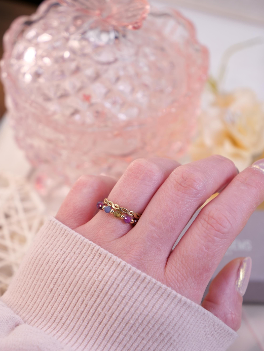 Mix 3mm Beaded Natural Gemstone Sterling Silver / 14ct Gold Filled Elastic Ring, Genuine Top Grade Gift Jewelry, Women Jewellery