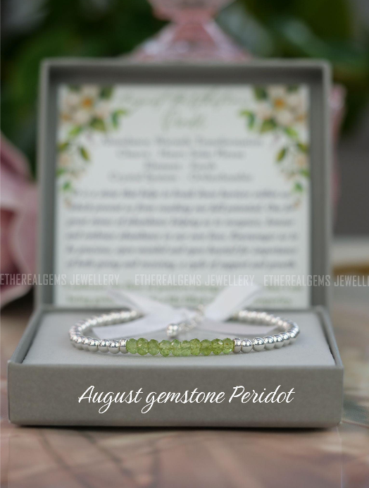 4mm Peridot Beaded Natural Gemstone Sterling Bracelet, August birthstone, Gift for her, Birthday gift,  Genuine Top Grade Gift Jewellery