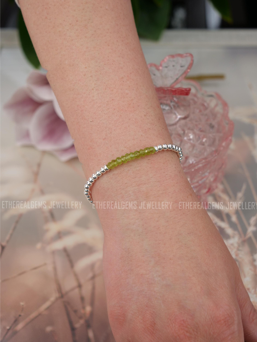 4mm Peridot Beaded Natural Gemstone Sterling Bracelet, August birthstone, Gift for her, Birthday gift, Genuine Top Grade Gift Jewellery