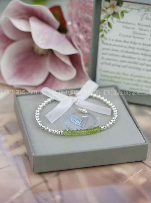 4mm Peridot Beaded Natural Gemstone Sterling Bracelet, August birthstone, Gift for her, Birthday gift, Genuine Top Grade Gift Jewellery
