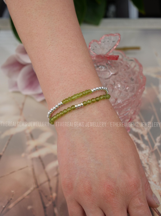 4mm Peridot Beaded Natural Gemstone Sterling Bracelet, August birthstone, Gift for her, Birthday gift, Genuine Top Grade Gift Jewellery